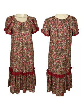 Vintage Kayla-g Hawaii ruffled Muu Muu cotton red floral dress sz Medium